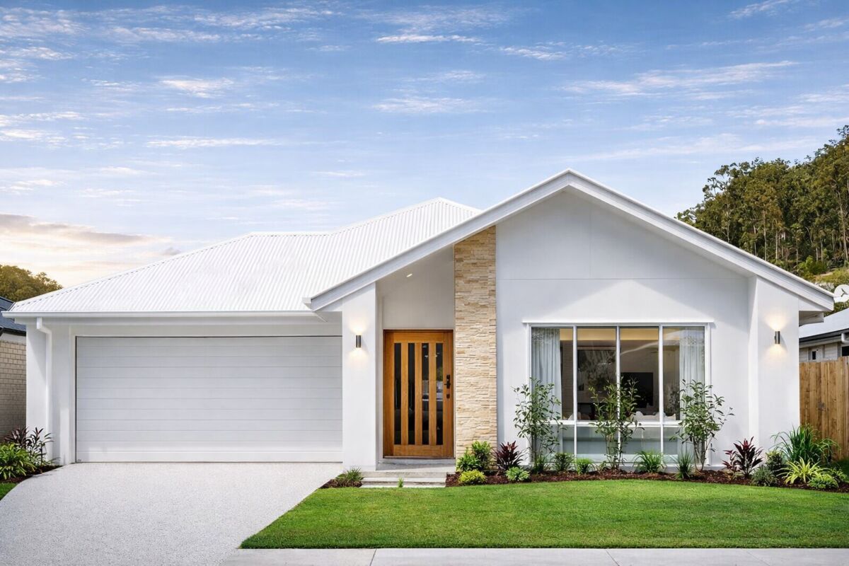 Light coastal facade with timber door